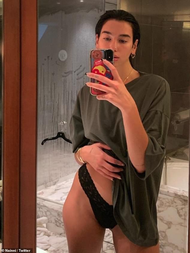 Shocked: Dua Lipa sent fans wild this week after they appeared to spot a very saucy detail in a recent bathroom selfie