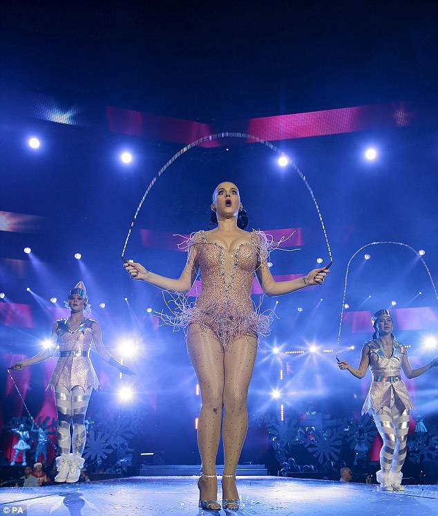 Showing her skills: Katy performed with a skipping rope despite wearing heels