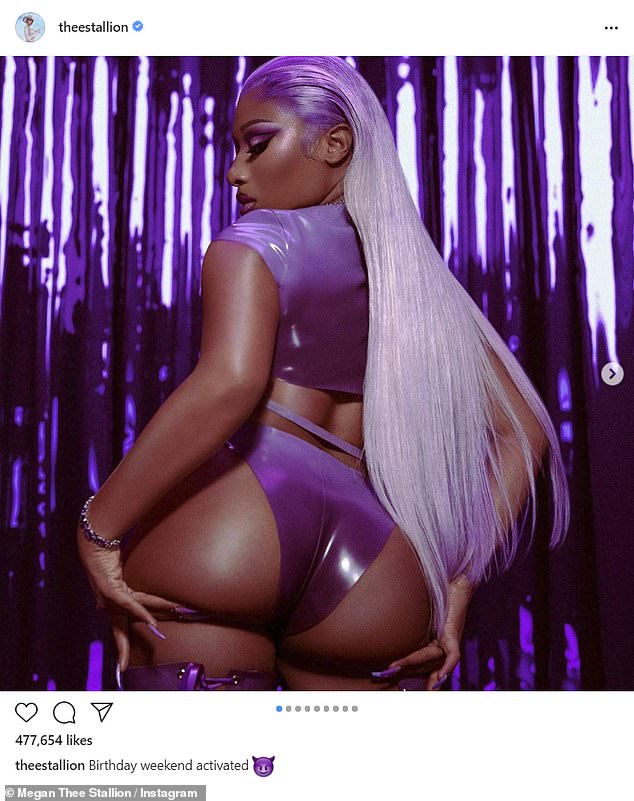 Purple reign: Megan Thee Stallion, 25, showed off her stunning figure in an all-purple ensemble in an Instagram photoset from Saturday