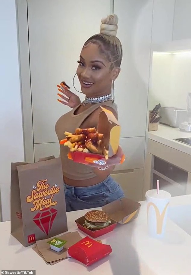 'The longer the nails, the easier to reach the last French fry!' Saweetie even posted a TikTok of herself demonstrating the best way to eat McNuggets on top of fries while smothered with her custom sauce and barbecue sauce