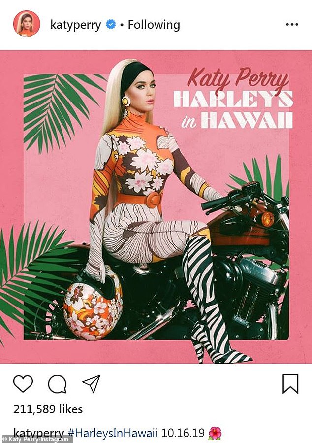 Fresh Katy: Katy Perry has a new single coming out. On Monday the I Kissed A Girl singer took to Instagram to let her 85M followers know there was a new tune, Harleys In Hawaii, that would be released on Wednesday