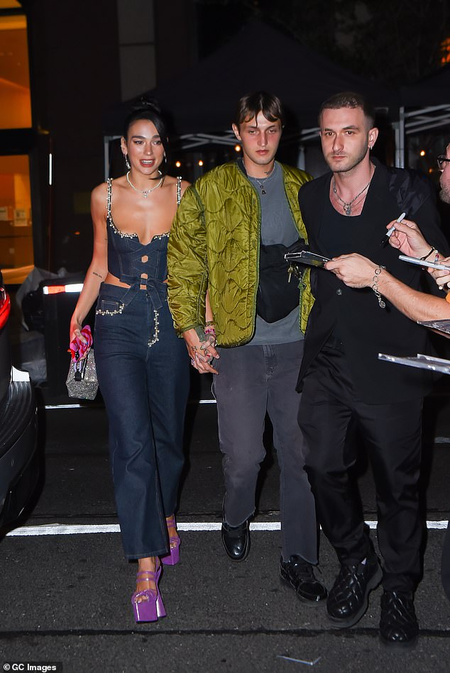 Romantic: Dua Lipa, 26, and her boyfriend Anwar Hadid, 23, enjoyed enjoyed a romantic date night at NYC restaurant The Russian Tea Room on Sunday