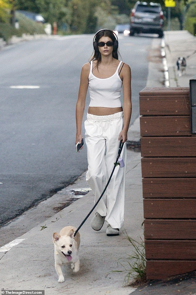 Fur-baby: DNA Model-turned-actress Kaia Gerber dressed down to take her beloved dog Milo for a walk around Los Angeles on Sunday