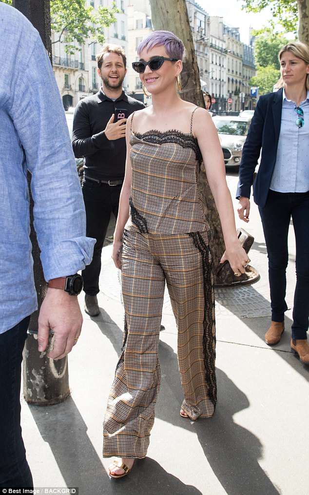 Chic: Katy Perry, 33, took a break in between her Witness world tour as she was seen leaving the Cafe de Flore coffee house in French capital on Wednesday