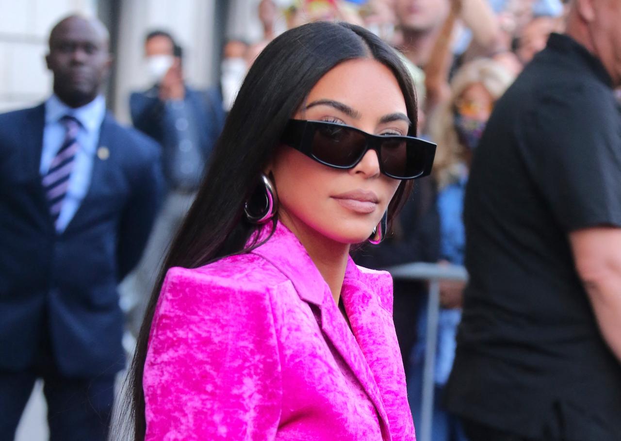 Kim Kardashian stepped out in a pink velour tracksuit as she headed to rehearsals for Saturday Night Live