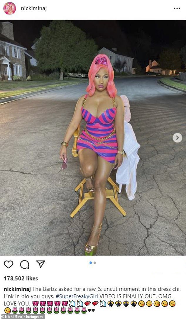 For the Barbz: Nicki Minaj, 39, uploaded a pH๏τo series onto her Instagram on Thursday to show a behind the scenes look from a dress she wore in her recent Super Freaky Girl music video