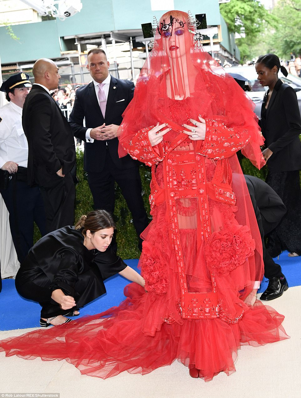 Incredible detailing: The exotic look was a custom Margiela Artisinal ensemble by John Galliano and the Roar star added nail art and three giant diamond rings