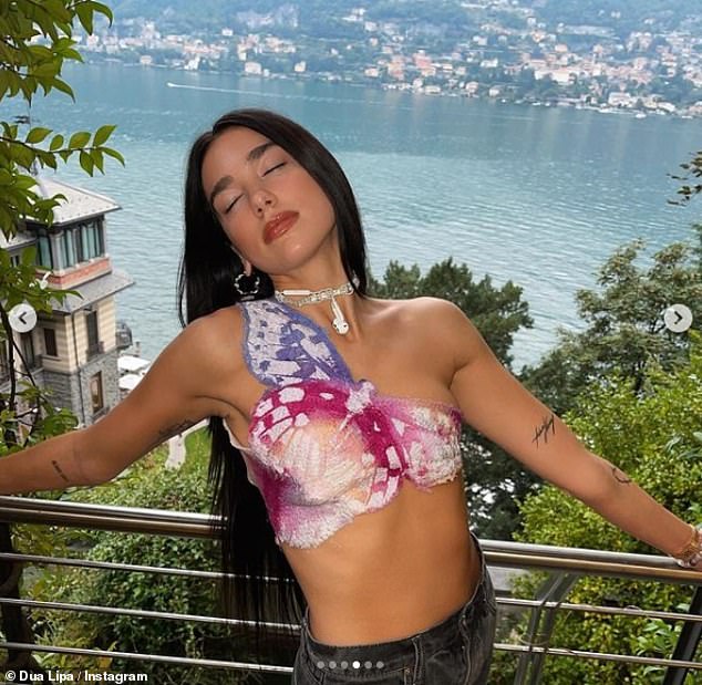 Wow: Dua displayed her jaw-dropping figure as she posed in a multi-coloured sheer crop top that highlighted her toned midriff on Instagram on Thursday